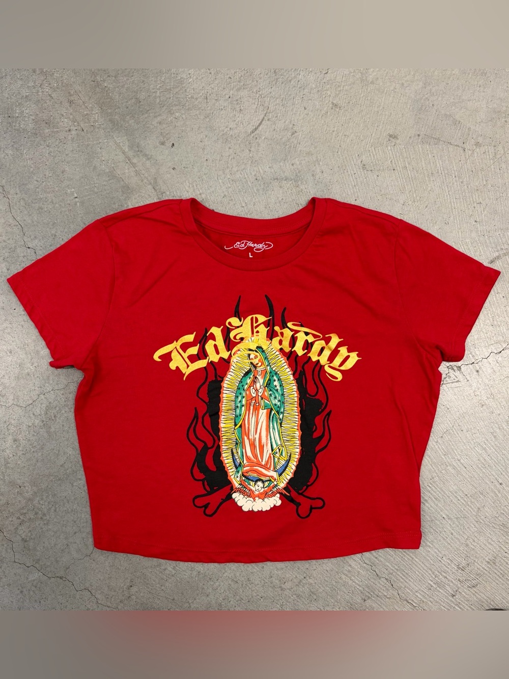 Ed Hardy Red Virgin Mary Graphic Crop Top- Large